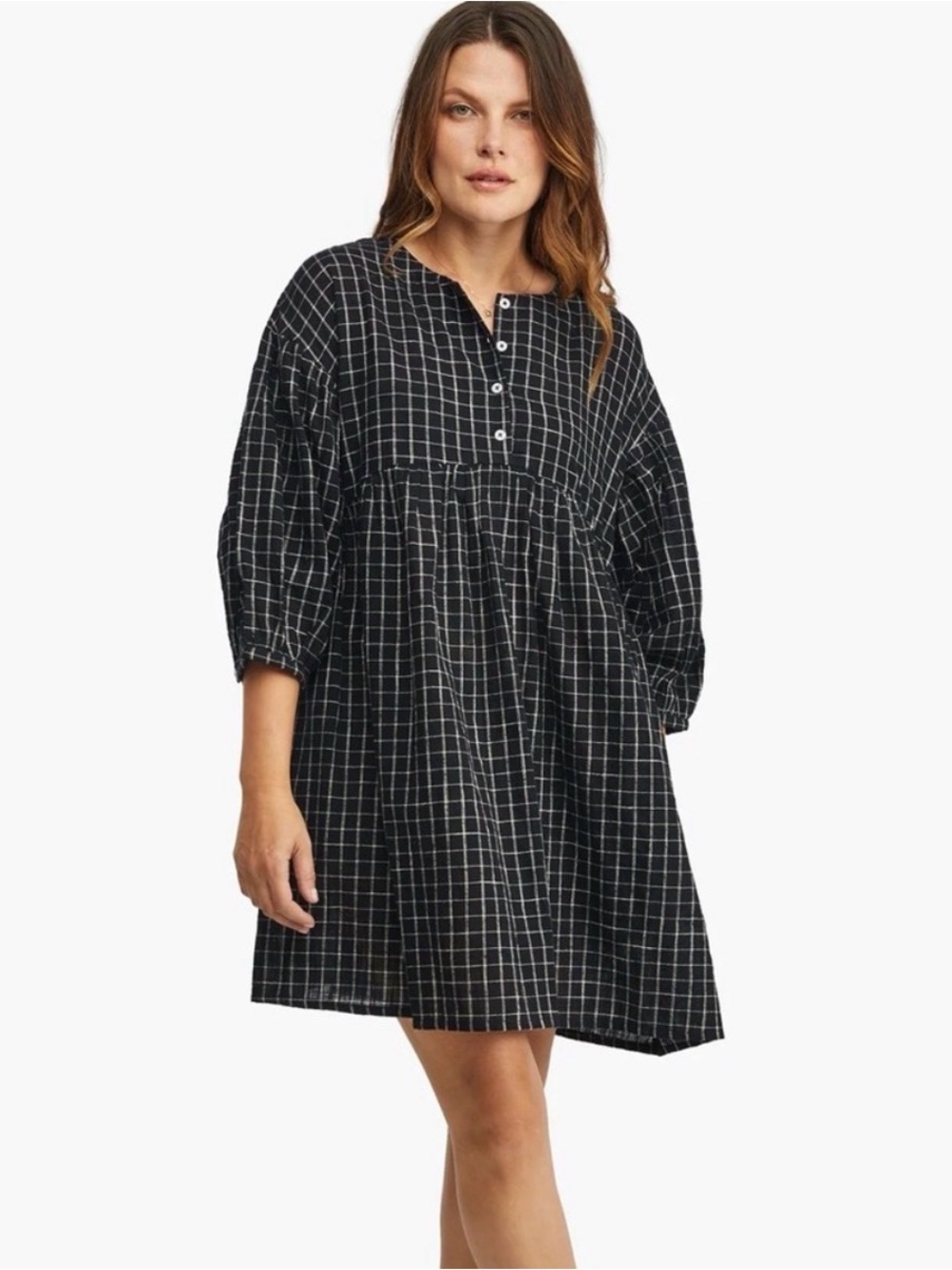 ABLE Nico Swing Dress Black Windowpane Gingham Button-Front Babydoll Dress